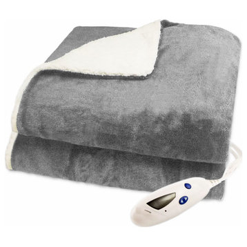 Pure Warmth Velour Sherpa Electric Heated Warming Throw Blanket Gray