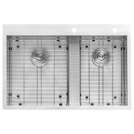 Drop-In Low Wide-Divide 33" Kitchen Sink, 16 Gauge Topmount Double Bowl