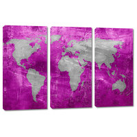 Pink Purple And Silver World Map Canvas Print, 3 Panel Split, Triptych ...