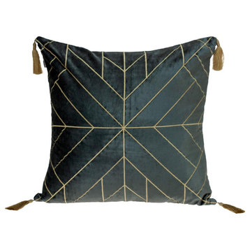 Charcoal and Gold Geo Velvet Throw Pillow With Gold Tassels