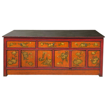 Chinese Tibetan Orange Red Yellow Flower Graphic Low TV Console Table Hcs7317