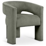 Meridian Furniture - Riz Upholstered Chair, Green, Microsuede Corduroy - The Riz green corduroy upholstered accent chair offers a modern twist on classic comfort. Crafted from soft, textured corduroy, this chair invites you to relax in style while its curved barrel design brings a touch of elegance to any room. The wide ribbed fabric enhances both the aesthetic and tactile appeal, making it the perfect blend of sophistication and cozy charm.