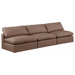 Meridian Furniture - Comfy Upholstered Modular Sofa, Brown, 3-Piece: 3 Armless Chair, Vegan Leather - Give your space a whole new look with this brown Comfy vegan leather sofa. This handsome sofa fits nicely with other items in the Comfy collection and is a versatile seating option designed for adaptability, comfort and style. Wrapped in rich brown durable vegan leathered upholstery, this sofa offers a plush embrace of overstuffed down feather cushions, carefully crafted to deliver the highest level of comfort. The perfect seat for creating an oasis for relaxation, this sofa has thick foam surrounding its frame for added support and coziness.