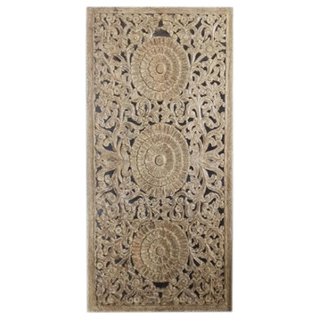 Consigned Triple Lotus Lattice Carved Door, Organic Natures Harmony Doors, Panel
