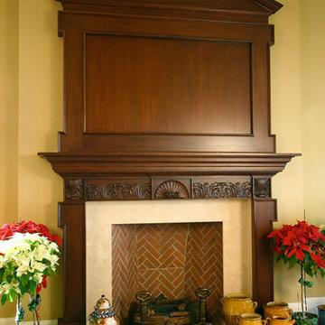 Mahogany Mantle and Overmantle with hidden TV. Design by Skip Sroka