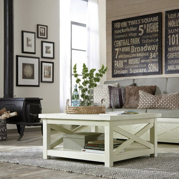 Farmhouse Coffee Table, Mahogany Wood Construction and X-Shaped Sides, Off White