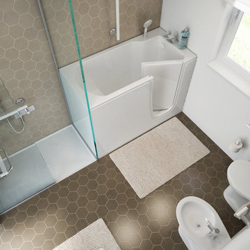 Bagno con vasca con porta e box doccia