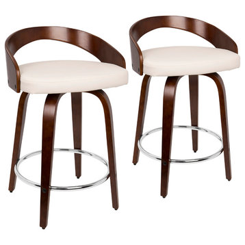 Grotto Counter Stools With Swivels, Set of 2, Cherry Wood, White, Pu, Chrome