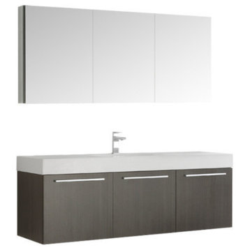 Vista 60" Gray Oak Wall Hung Single Sink Modern Bathroom Vanity, FFT9131CH