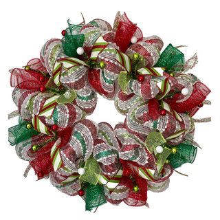  Christmas Ribbon Wreath Natural Burlap And Green Deco