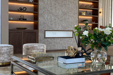 Photo of a large modern formal and grey and cream living room in London with beige walls, marble flooring, a built-in media unit, a drop ceiling, wood walls and feature lighting.