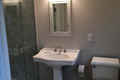 Inspiration for a mid-sized timeless master multicolored tile and ceramic tile porcelain tile alcove shower remodel in Cleveland with a two-piece toilet, gray walls and a pedestal sink