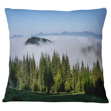 Green Trees and Fog Over Mountains Landscape Printed Throw Pillow, 16"x16"