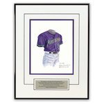 Heritage Sports Art - Original Art of the MLB 1998 Arizona Diamondbacks Uniform - This beautifully framed piece features an original piece of watercolor artwork glass-framed in a timeless thin black metal frame with a double mat. The outer dimensions of the framed piece are approximately 13.5" wide x 17.5" high, although the exact size will vary according to the size of the original piece of art. At the core of the framed piece is the actual piece of original artwork as painted by the artist on textured 100% rag, water-marked watercolor paper. In many cases the original artwork has handwritten notes in pencil from the artist. Simply put, this is beautiful, one-of-a-kind artwork. The outer mat is a clean white, textured acid-free mat with an inset decorative black v-groove, while the inner mat is a complimentary colored acid-free mat reflecting one of the team's primary colors. The image of this framed piece shows the mat color that we use (Purple). Beneath the artwork is a silver plate with black text describing the original artwork. The text for this piece will read: This original, one-of-a-kind watercolor painting of the 1998 Arizona Diamondbacks uniform is the original artwork that was used in the creation of thousands of Arizona Diamondbacks products that have been sold across North America. This original piece of art was painted by artist Nola McConnan for Maple Leaf Productions Ltd. The piece is framed with an extremely high quality framing glass. We have used this glass style for many years with excellent results. We package every piece very carefully in a double layer of bubble wrap and a rigid double-wall cardboard package to avoid breakage at any point during the shipping process, but if damage does occur, we will gladly repair, replace or refund. Please note that all of our products come with a 90 day 100% satisfaction guarantee. If you have any questions, at any time, about the actual artwork or about any of the artist's handwritten notes on the artwork, I would love to tell you about them. After placing your order, please click the "Contact Seller" button to message me and I will tell you everything I can about your original piece of art. The artists and I spent well over ten years of our lives creating these pieces of original artwork, and in many cases there are stories I can tell you about your actual piece of artwork that might add an extra element of interest in your one-of-a-kind purchase. Please note that all reproduction rights for this original work are retained in perpetuity by Major League Baseball unless specifically stated otherwise in writing by MLB. For further information, please contact Heritage Sports Art at questions@heritagesportsart.com .