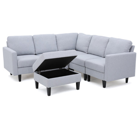 GDF Studio Carolina Fabric Sectional Couch With Storage Ottoman, Light Gray