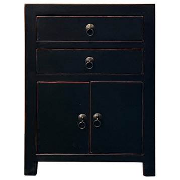 Chinese Oriental Distressed Black 2 Drawers End Table Nightstand Hcs7584