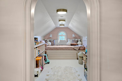 Inspiration for a mid-sized timeless gender-neutral carpeted, white floor, vaulted ceiling and shiplap wall kids' room remodel in Chicago with pink walls