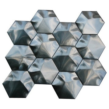 Odyssey Stainless Steel 3D Interlocking Hexagon Mosaic, 12"x12", Set of 10