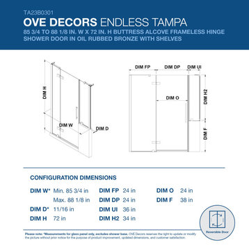 Endless TA23B0301 Tampa Buttress Alcove 85 3/4 to 88 1/8 W x 72" H ORB