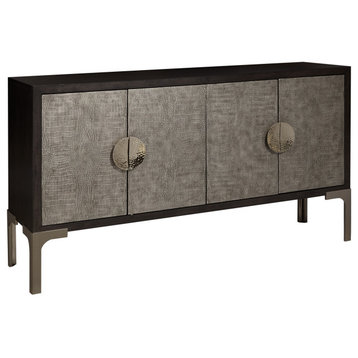 Unique Console Table, Reptile Skin Leather Doors & Brushed Nickel Pulls, Brown