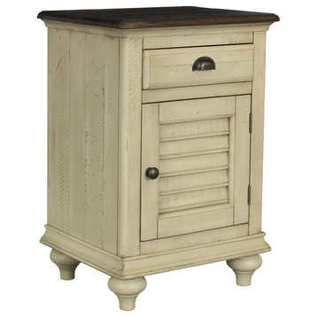 Transitional Side Table, Storage Drawer and Slatted Door, Antique White-Walnut