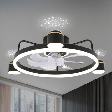3-Light Flush Mount Ceiling Fan with Dimmable LED Light and Remote APP Control, Black