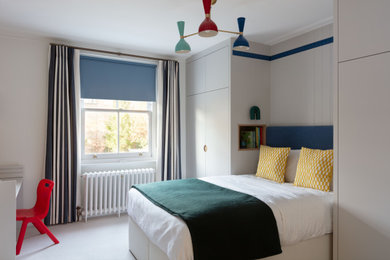 Design ideas for a contemporary kids' bedroom in London with grey walls, carpet, grey floors and tongue and groove walls.