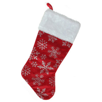 20" Red and Silver Glitter Snowflakes Christmas Stocking