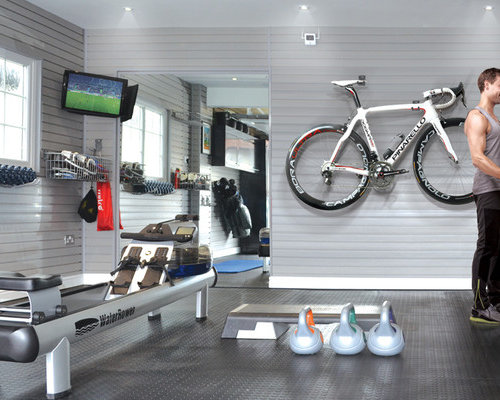 Modern Home Gym Wilmington Mid-sized minimalist multiuse home gym photo in Other with gray walls