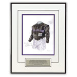Heritage Sports Art - Original Art of the MLB 2007 Colorado Rockies Uniform - This beautifully framed piece features an original piece of watercolor artwork glass-framed in a timeless thin black metal frame with a double mat. The outer dimensions of the framed piece are approximately 13.5" wide x 17.5" high, although the exact size will vary according to the size of the original piece of art. At the core of the framed piece is the actual piece of original artwork as painted by the artist on textured 100% rag, water-marked watercolor paper. In many cases the original artwork has handwritten notes in pencil from the artist. Simply put, this is beautiful, one-of-a-kind artwork. The outer mat is a clean white, textured acid-free mat with an inset decorative black v-groove, while the inner mat is a complimentary colored acid-free mat reflecting one of the team's primary colors. The image of this framed piece shows the mat color that we use (Purple). Beneath the artwork is a silver plate with black text describing the original artwork. The text for this piece will read: This original, one-of-a-kind watercolor painting of the 2007 Colorado Rockies uniform is the original artwork that was used in the creation of thousands of Colorado Rockies products that have been sold across North America. This original piece of art was painted by artist Nola McConnan for Maple Leaf Productions Ltd. The piece is framed with an extremely high quality framing glass. We have used this glass style for many years with excellent results. We package every piece very carefully in a double layer of bubble wrap and a rigid double-wall cardboard package to avoid breakage at any point during the shipping process, but if damage does occur, we will gladly repair, replace or refund. Please note that all of our products come with a 90 day 100% satisfaction guarantee. If you have any questions, at any time, about the actual artwork or about any of the artist's handwritten notes on the artwork, I would love to tell you about them. After placing your order, please click the "Contact Seller" button to message me and I will tell you everything I can about your original piece of art. The artists and I spent well over ten years of our lives creating these pieces of original artwork, and in many cases there are stories I can tell you about your actual piece of artwork that might add an extra element of interest in your one-of-a-kind purchase. Please note that all reproduction rights for this original work are retained in perpetuity by Major League Baseball unless specifically stated otherwise in writing by MLB. For further information, please contact Heritage Sports Art at questions@heritagesportsart.com .