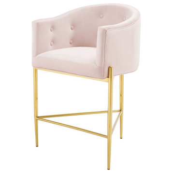 Claude Pink Velvet Counter Stool, Tufted Gold Counter Stool, Glam Kitchen Stool