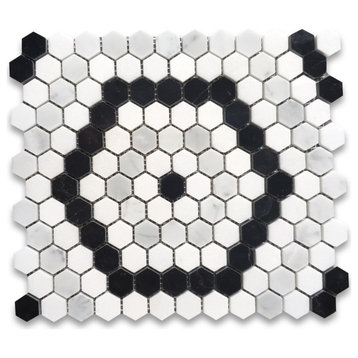 Carrara White Marble 1" Hexagon Riverside Tile Thassos Black Polished, 1 sheet