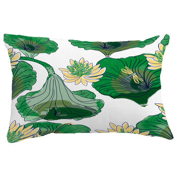 Lotokoi Floral Print Throw Pillow With Linen Texture, Green, 14"x20"