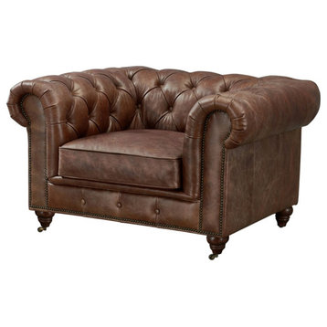 Century Top Grain Leather Chesterfield Arm Chair, Bark Brown Leather
