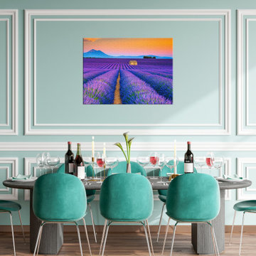 Blooming Lavender Field and Sunset Landscape Photograph Wall Art Prints