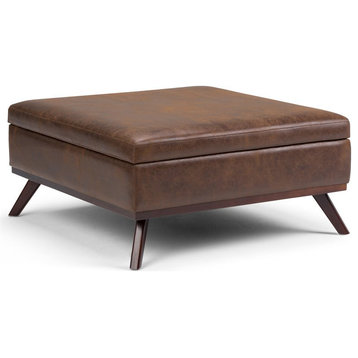 Simpli Home Owen Faux Air Leather Square Coffee Table Ottoman in Chestnut Brown