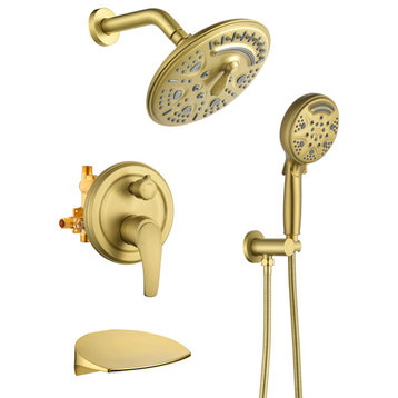 6-Spray Patterns, 1.8 GPM 8" Tub Wall Mount Dual Shower Heads, Brushed Gold