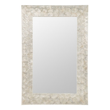 Capiz Seashell Mosaic Rectangular Decorative Wall Mirror, Pearlescent White