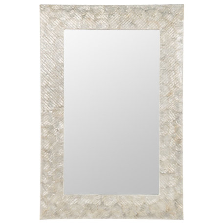 Capiz Seashell Mosaic Rectangular Decorative Wall Mirror, Pearlescent White