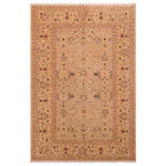 Bareens Designer Rugs - Bohemien Ziegler Rivka Gray Gold Hand-Knotted Wool Rug - 5'10'' x 8'9'' - Enhance the ambiance of your home with this magnificent Persian-influenced Turkish hand-knotted rug made by skilled artisans capable of creating the most exceptional vegetable dyes and hand-spun wool. This exquisite handmade rug is a one-of-a-kind Peshawar Kafkaz, otherwise identified as Chobi, Chobi Peshawar, Oushak, or Ziegler rug. These handmade rugs are crafted in Pakistan utilizing superior-quality wool imported from Australia, New Zealand, and Korea in two types of weaves: the Persian weave and the Mori weave. This rug is meticulously crafted by hand using the finest natural vegetable dyes extracted from local plants. The artisans use a blend of hand-spun local and fine merino wool, resulting in a rug with a compelling texture, higher lanolin content, and longer staple. The artisans occasionally incorporate natural or artificial silk into the pile to enhance specific motifs. The finished product is an awe-inspiring execution of flawless design and an understated palette that exudes elegance.