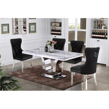 Rectangular White Marble 5 Piece Dining Set with Silver Stainless Steel Base