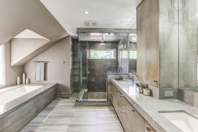 Bathroom - mid-sized contemporary master porcelain tile porcelain tile and gray floor bathroom idea in Toronto with flat-panel cabinets, light wood cabinets, gray walls, an undermount sink and a hinged shower door