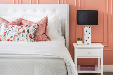 Inspiration for a transitional kids' room for girls in Orlando with pink walls, carpet and beige floor.