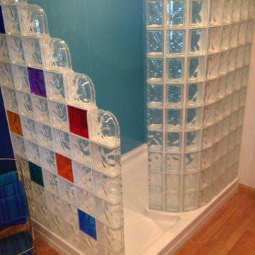 72 x 51 glass block walk in shower with a straight and curved wall and acrylic b
