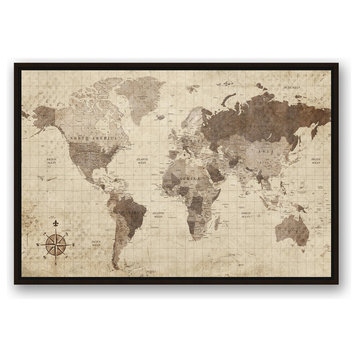 Distressed World Map Walnut Floating Framed Canvas, 24"x36"