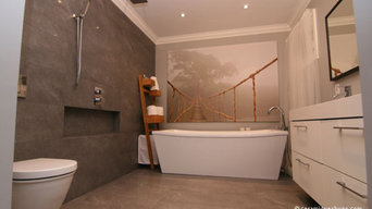 Modern style bathroom with linear drain