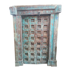 Mogul Interior - Consigned Antique Indian Beautiful Distressed Doors Hand Carved Haveli Teak Door - Decorative Objects and Figurines