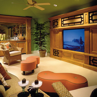 Cette photo montre une grande salle de cinéma méditerranéenne fermée avec un mur vert, moquette et un téléviseur encastré.