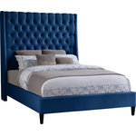 Meridian Furniture - Fritz Velvet Upholstered Bed, Navy, King - Count on this Fritz velvet bed to bring a modern look to life in your bedroom sanctuary. This lovely bed features soft navy velvet upholstery for a sumptuously elegant feel and an upscale look. The extra-tall headboard lends your space an element of drama, and the brass nail-head trim accentuate the sophisticated demeanor of this modern bed. Tufting on the wingback headboard helps keep its padding aloft while adding a textural design that draws the eye.