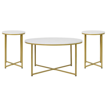 Flash Hampstead Coffee & End Table, WH Marbled/Gold Crisscross, 3Pc Table Set